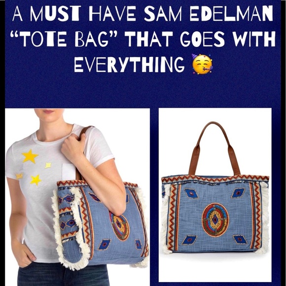NWT Sam Edelman Denim Tote Bag With Vibrant Geometric Shape Trim - Picture 7 of 14